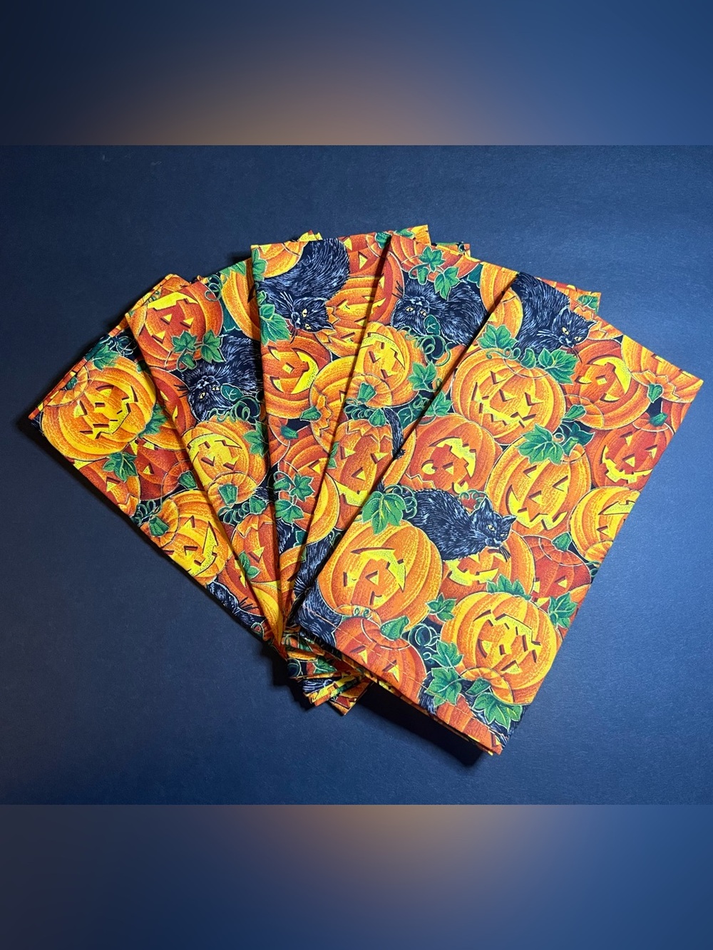 Vintage Set of 5 Halloween Black Cat & Pumpkin Jack-O-Lantern Cotton Napkins 18"